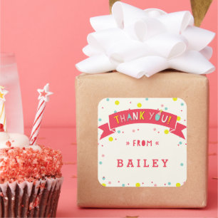 Pegatina Cuadrada Qué Diversión Confeti Cumpleaños de Niña Gracias