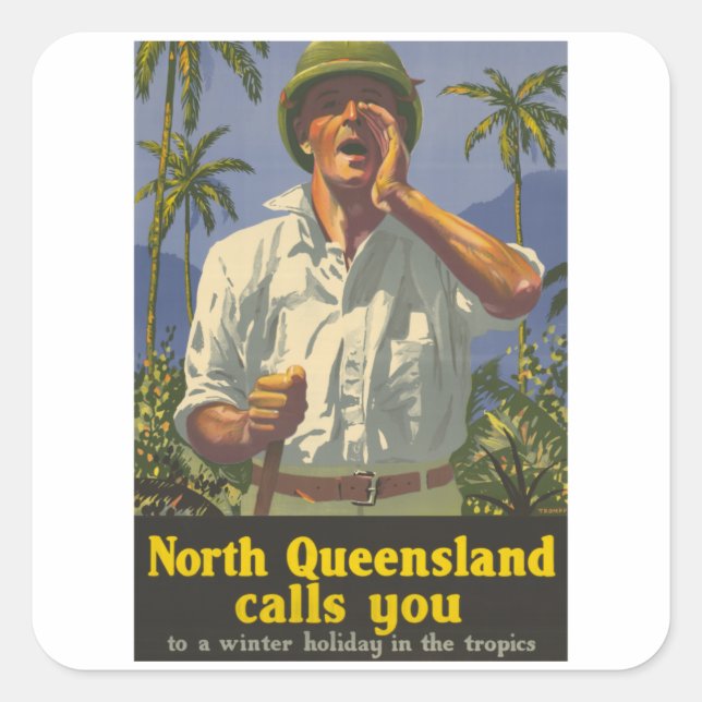 Pegatina Cuadrada Queensland te llama - Australia - Viajes de época (Anverso)