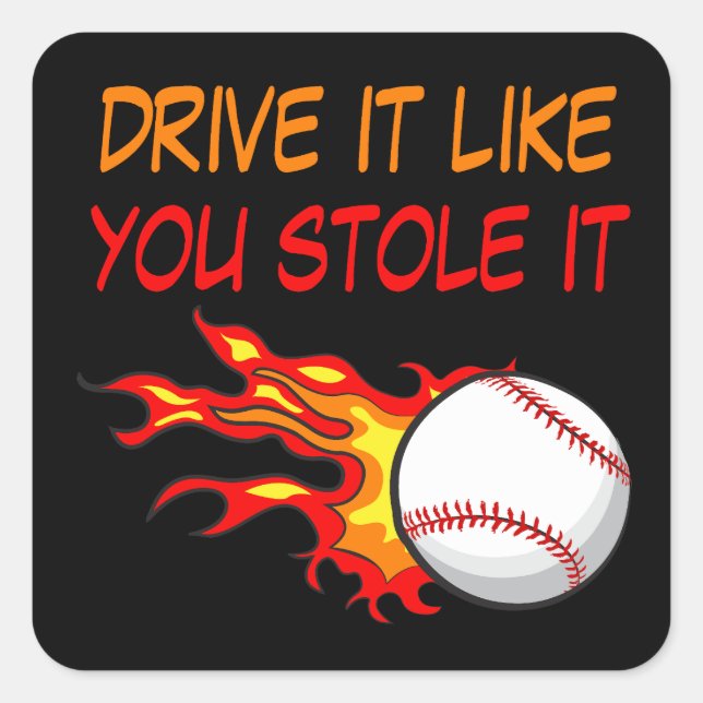 Pegatina Cuadrada Quemando béisbol en llamas con curiosa cita, negro (Anverso)