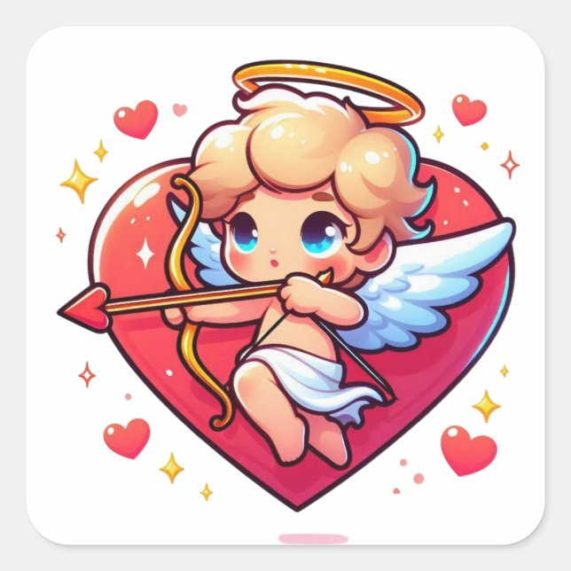 Pegatina Cuadrada Querubín adorable, el objetivo romántico de Cupido (Anverso)