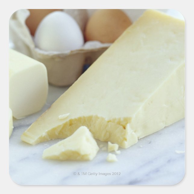 Pegatina Cuadrada Quesos y huevos. Los huevos son ricos en proteínas (Anverso)