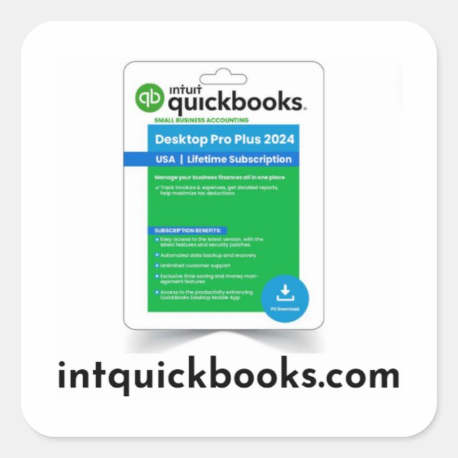 Pegatina Cuadrada Quickbooks Desktop Pro 2024 - intquickbooks.com (Anverso)