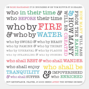 Pegatina Cuadrada ¿Quién Por Fuego? Gráfico de Rosh Hashanah