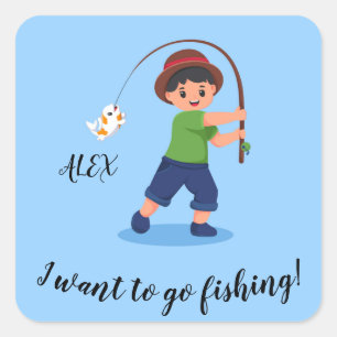 Pegatina Cuadrada "QUIERO IR A PESCAR" Niños pescando