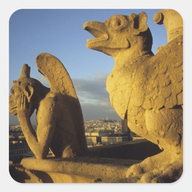 Pegatina Cuadrada Quimera, Catedral de Notre Dame, París, Francia (Anverso)