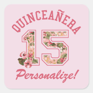 Pegatina Cuadrada Quinceanera 15 Floral rosa atlética