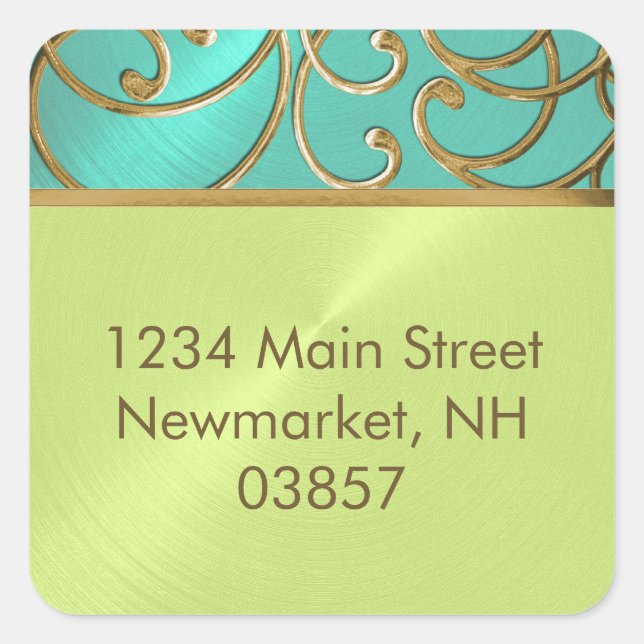 Pegatina Cuadrada Quinceanera Aqua Lime Green Gold Filigrree Swirls (Anverso)