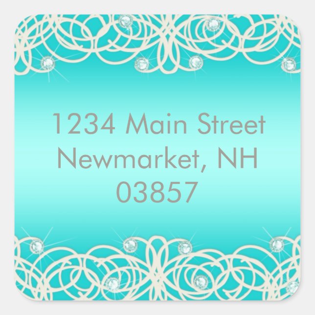 Pegatina Cuadrada Quinceanera Aqua Turquoise Sparkle and Lace (Anverso)