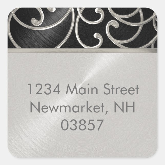 Pegatina Cuadrada Quinceanera Black and Silver Filigree Swirls (Anverso)