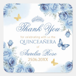 Pegatina Cuadrada Quinceañera Blue Floral Gold Butterfly Tiara