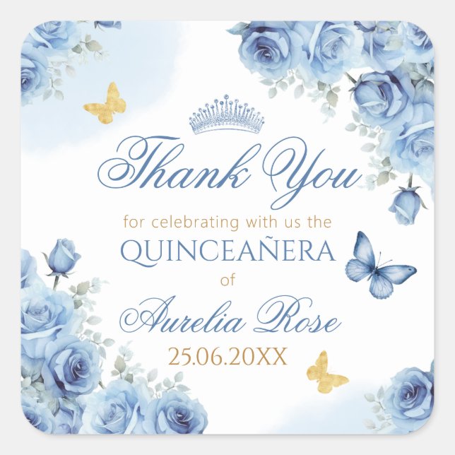 Pegatina Cuadrada Quinceañera Blue Floral Gold Butterfly Tiara (Anverso)