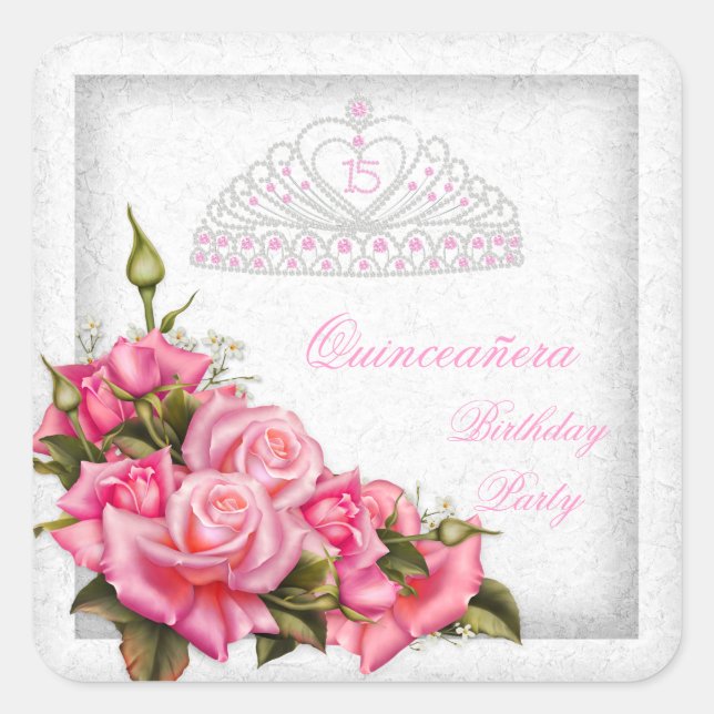 Pegatina Cuadrada Quinceanera Bonito Rosas Rosadas Blancas 15º Fiest (Anverso)