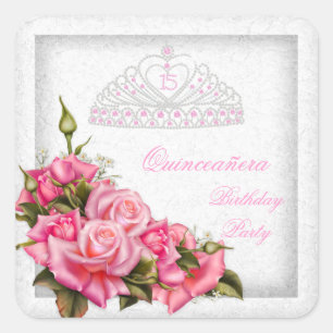 Pegatina Cuadrada Quinceanera Bonito Rosas Rosadas Blancas 15º Fiest