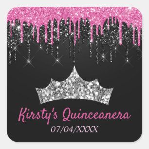 Pegatina Cuadrada Quinceañera de purpurina goteante negra y rosa