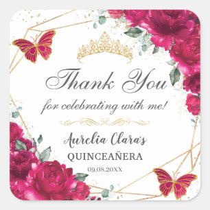 Pegatina Cuadrada Quinceañera Fuchsia Mariposas Florales Calientes D
