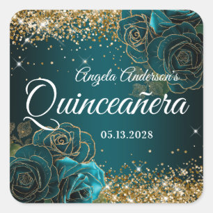 Pegatina Cuadrada Quinceañera Glam Brillante Floral Azul Turquesa Do