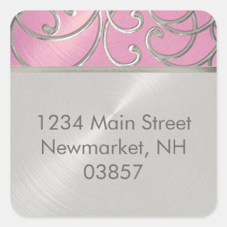 Pegatina Cuadrada Quinceanera Lilac Pink and Silver Filigree Swirls