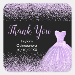 Pegatina Cuadrada Quinceanera Luminoso Vestido Púrpura Faux Purpurin