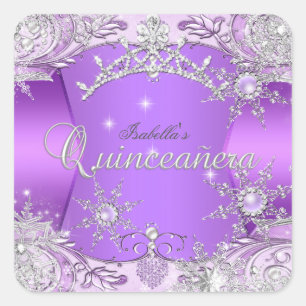 Pegatina Cuadrada Quinceanera Morado Winter Wonderland Snowflakes