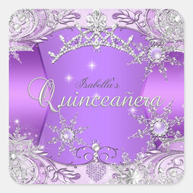 Pegatina Cuadrada Quinceanera Morado Winter Wonderland Snowflakes (Anverso)