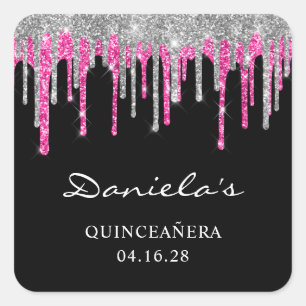 Pegatina Cuadrada Quinceañera Negro con Brillo Rosa Caliente Platead