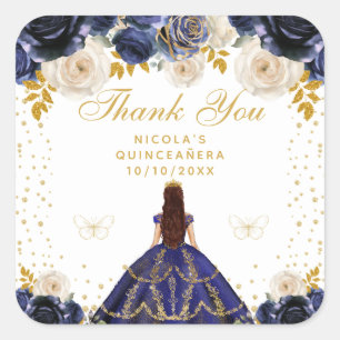 Pegatina Cuadrada Quinceañera Princesa Floral Azul Marino