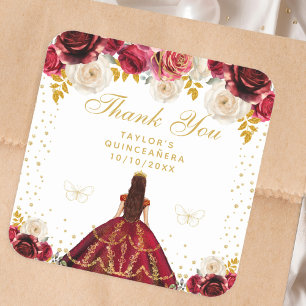 Pegatina Cuadrada Quinceañera Princesa Floral Roja