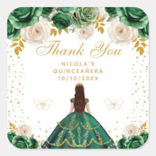 Pegatina Cuadrada Quinceañera Princesa Floral Verde