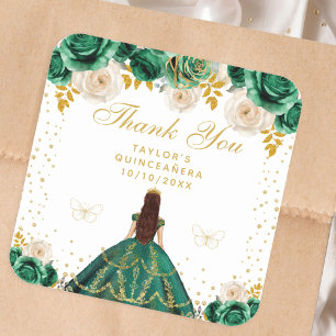 Pegatina Cuadrada Quinceañera Princesa Floral Verde