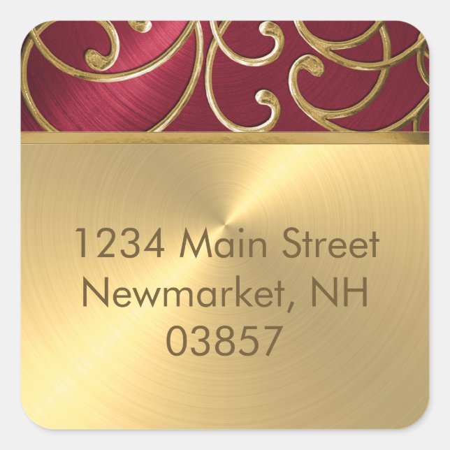 Pegatina Cuadrada Quinceanera Red and Gold Filigree Swirls (Anverso)