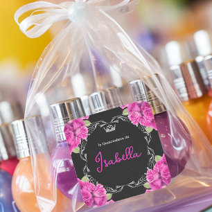 PEGATINA CUADRADA QUINCEAÑERA ROSA Y NEGRA ESPAÑOLA - ELEGANTES ROSA