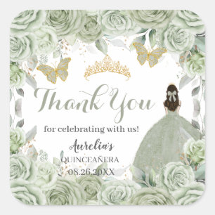 Pegatina Cuadrada Quinceañera Sage Green Floral Printerflies