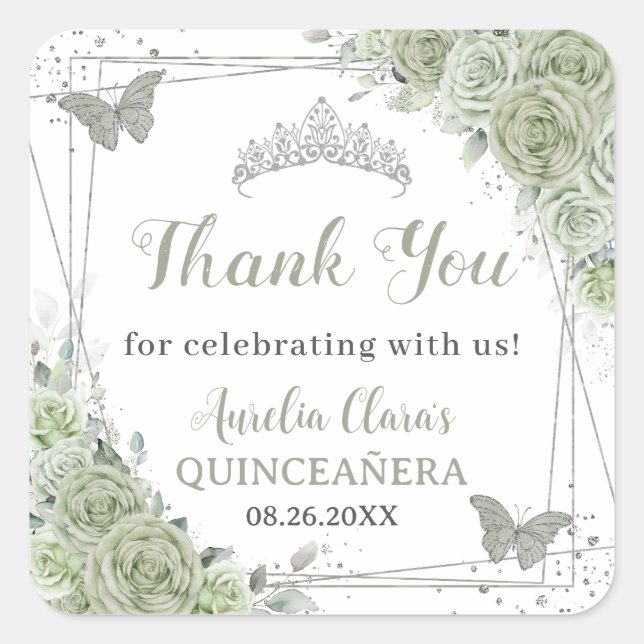 Pegatina Cuadrada Quinceañera Sage Green Floral Silver Butterflies (Anverso)