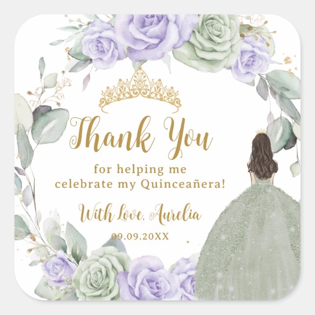 Pegatina Cuadrada Quinceañera Sage Green Purple Lilac Floral Gold (Anverso)