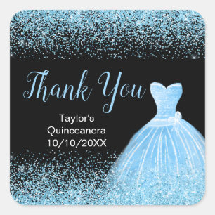 Pegatina Cuadrada Quinceanera Vestido azul claro Faux Purpurina