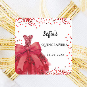 Pegatina Cuadrada Quinceanera vestido rojo arco blanco