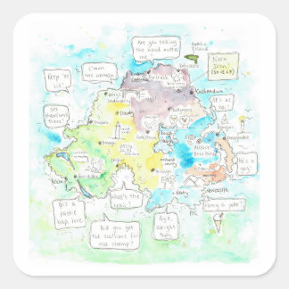 Pegatina Cuadrada Quirky mapa de Irlanda del Norte con dichos.