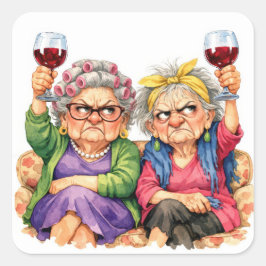 Pegatina Cuadrada Quirky Old Ladies with Red Wine