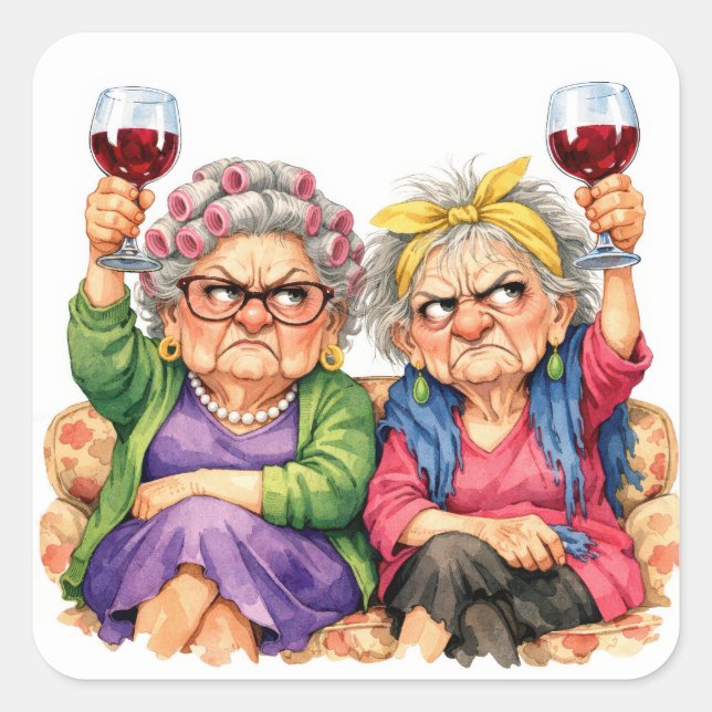 Pegatina Cuadrada Quirky Old Ladies with Red Wine (Anverso)