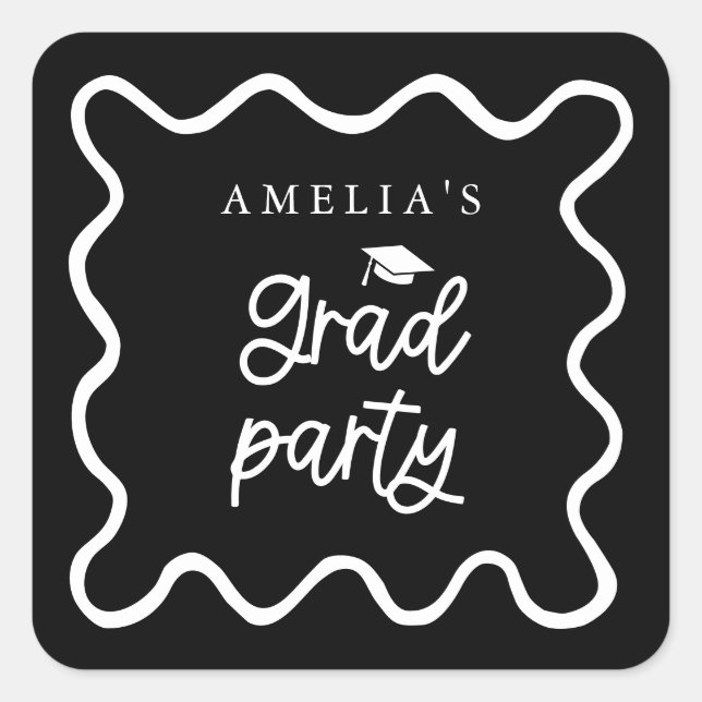 Pegatina Cuadrada Quirky Wavy Line Black Grad Party Favor (Anverso)