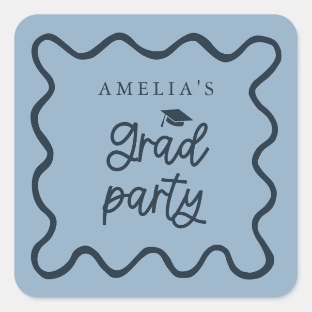 Pegatina Cuadrada Quirky Wavy Line Navy Blue Grad Party Favor (Anverso)
