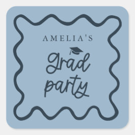 Pegatina Cuadrada Quirky Wavy Line Navy Blue Grad Party Favor