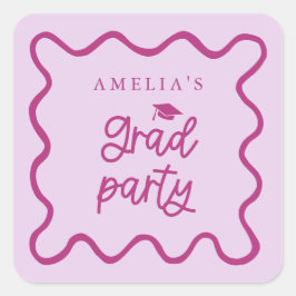 Pegatina Cuadrada Quirky Wavy Line Pink Grad Party Favor