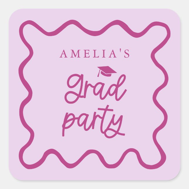 Pegatina Cuadrada Quirky Wavy Line Pink Grad Party Favor (Anverso)