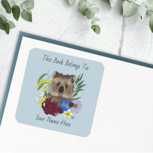 Pegatina Cuadrada Quokka Feliz Australia Floral Azul Exlibris