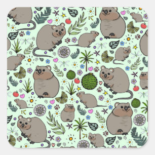 Pegatina Cuadrada Quokkas en verde