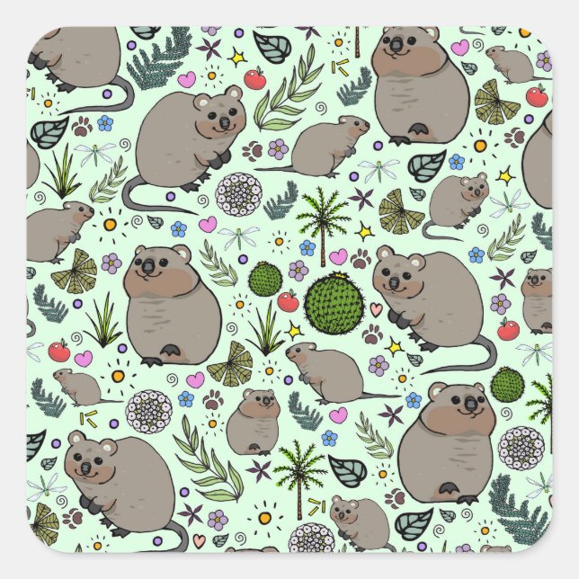 Pegatina Cuadrada Quokkas en verde (Anverso)