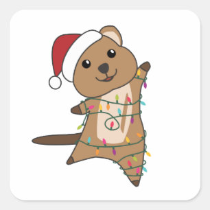 Pegatina Cuadrada Quokkas: Navidades de Quokka Nieve Animales De Inv