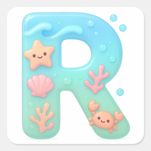 Pegatina Cuadrada "R" Cute Letter - Underwater Sea Creature  (Anverso)