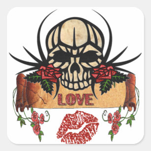 Pegatina Cuadrada RAB Rockabilly Cráneo Rosas Amor Lápiz Labial